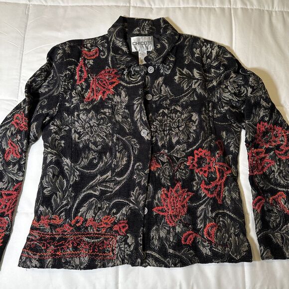 Women’s Chicos Embroidered Beaded Black Gold Red Blazer Jacket Career Size 1 - Picture 1 of 14